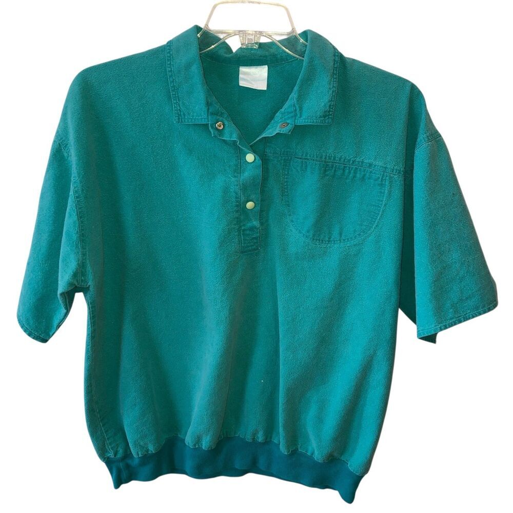 Vintage Womens 2X Teal Short Sleeve Elastic Waist Collared Pocket Polo Shirt